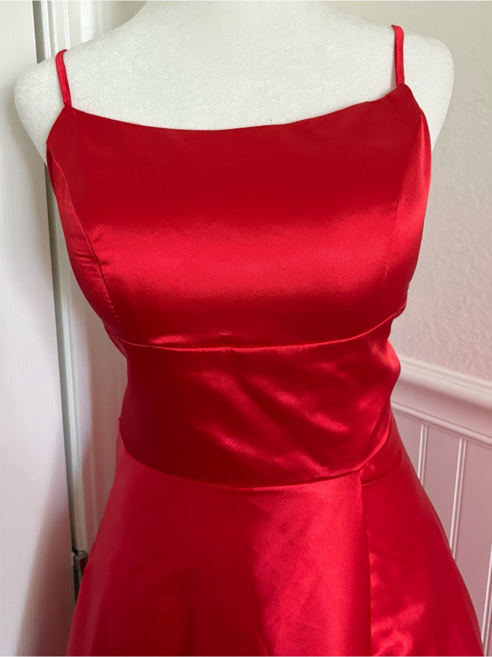Red Satin A-Line Spaghetti Strap Evening Gown with Criss Cross Back - Picture 2 of 9